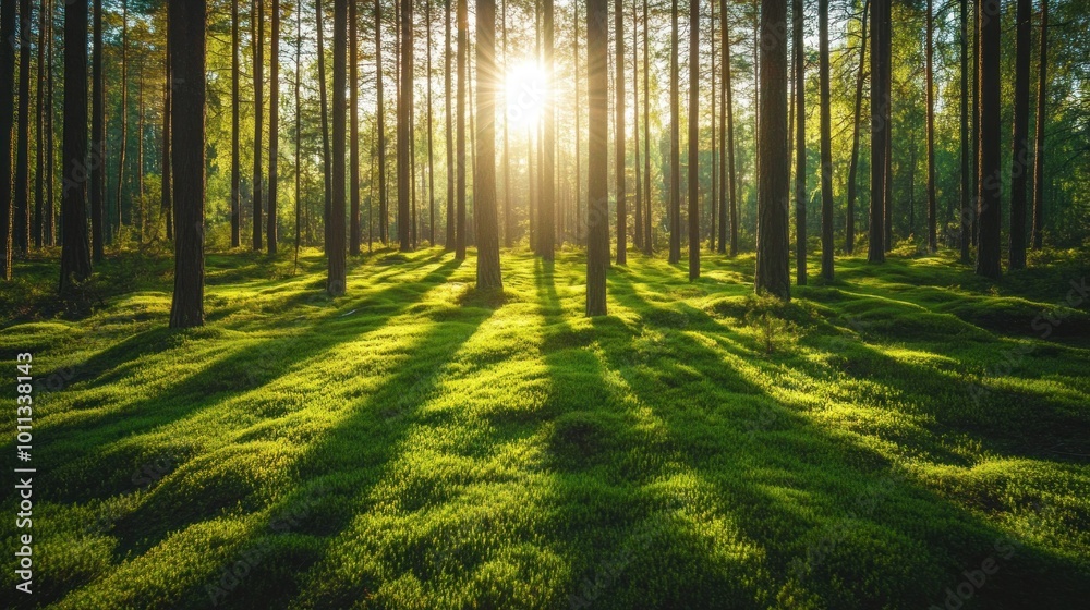 Obraz premium Sun rays shining through tall pine trees in a dense forest, creating long shadows on the green mossy ground.