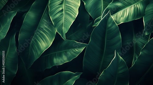 Close-up of tropical green leaves texture with dark tone processing