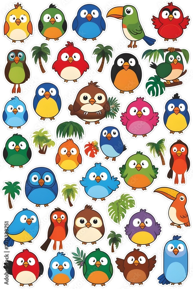Fototapeta premium cute cartoon birds stickers on a single sheet