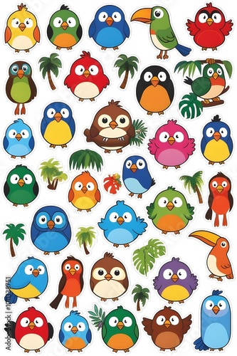 cute cartoon birds stickers on a single sheet