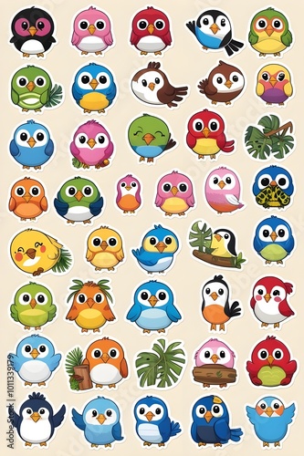 cartoon birds stickers on a single sheet