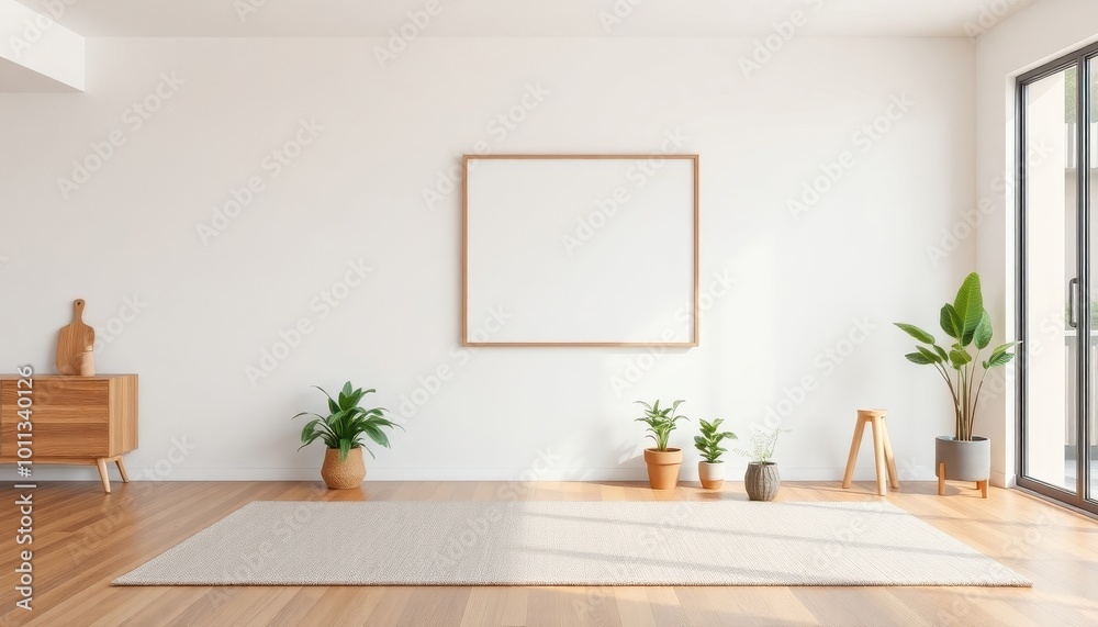 Serene Minimalist Space: Lush Greenery and Textured Rug in Harmonious Living Room Setting Serene Minimalist Space: Lush Greenery and Textured Rug in Harmonious Living Room Setting