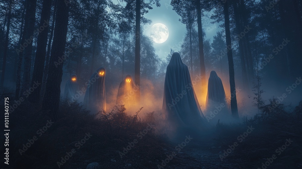 Obraz premium A spooky group of ghostly apparitions drifting through a foggy forest, their eerie forms illuminated by moonlight in a Halloween setting