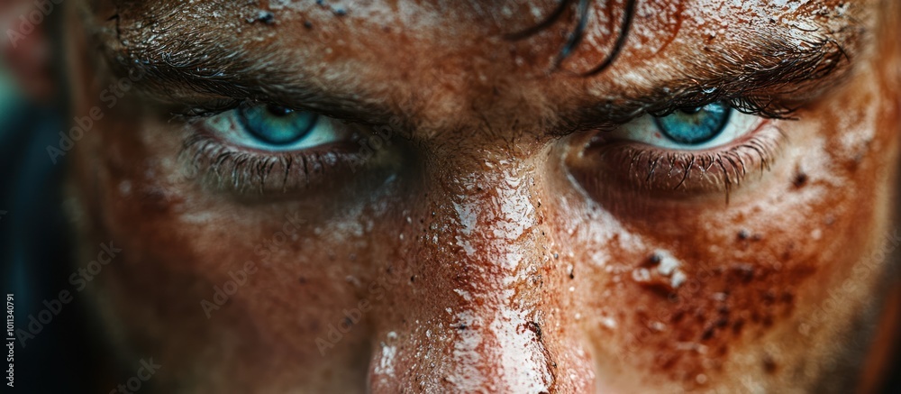 Close-up of a man's face with intense blue eyes and dirt on his skin. Close-up of a man's face with intense blue eyes and dirt on his skin.