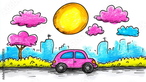 Child's drawing of a pink car on a sunny day with cityscape