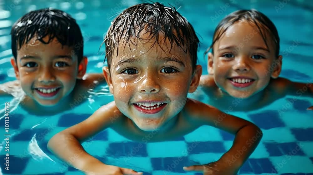 Three children smiling and swimming in a pool, enjoying a fun moment together. Three children smiling and swimming in a pool, enjoying a fun moment together.
