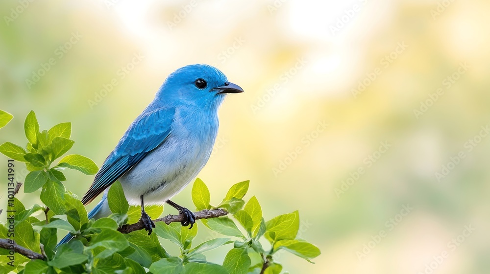 Obraz premium A close-up shot of a vibrant bluebird perched on a branch, surrounded by lush green leaves. The bird is feathers glisten in the sunlight, showcasing its intricate plumage. In the background, a softly