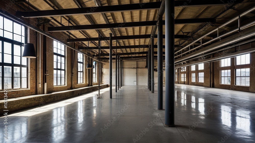 Renovated industrial interior with an open layout, steel columns, and large windows. Ideal for showcasing factory conversions, modern architecture, and urban redevelopment themes. Renovated industrial interior with an open layout, steel columns, and large windows. Ideal for showcasing factory conversions, modern architecture, and urban redevelopment themes.