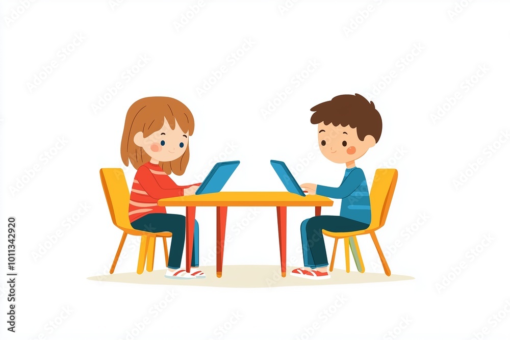 An illustration showing two kids sitting opposite each other, not interacting, as they focus on their gadgets, highlighting the challenges of socialization in the digital age An illustration showing two kids sitting opposite each other, not interacting, as they focus on their gadgets, highlighting the challenges of socialization in the digital age