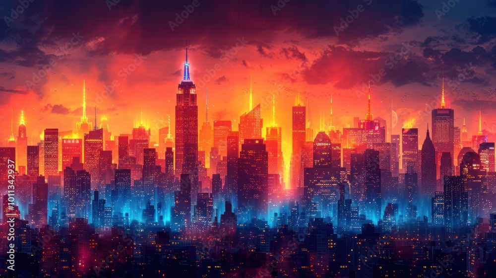 City Skyline at Sunset with Neon Lights City Skyline at Sunset with Neon Lights