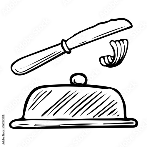 Butter dish hand drawn doodle. Tableware. Storage container. Knife for spreading butter. Kitchenware. Ceramic or metal plate with lid. Vector sketch line art illustration.