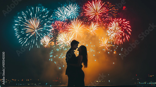 Silhouette of romantic couple kissing against vibrant fireworks, perfect for celebrations, love themes, weddings, and New Year's Eve events. photo