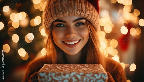 Woman Holding Christmas Gift, Golden Bokeh Lights, Christmas Concept, Happy Holidays. photo