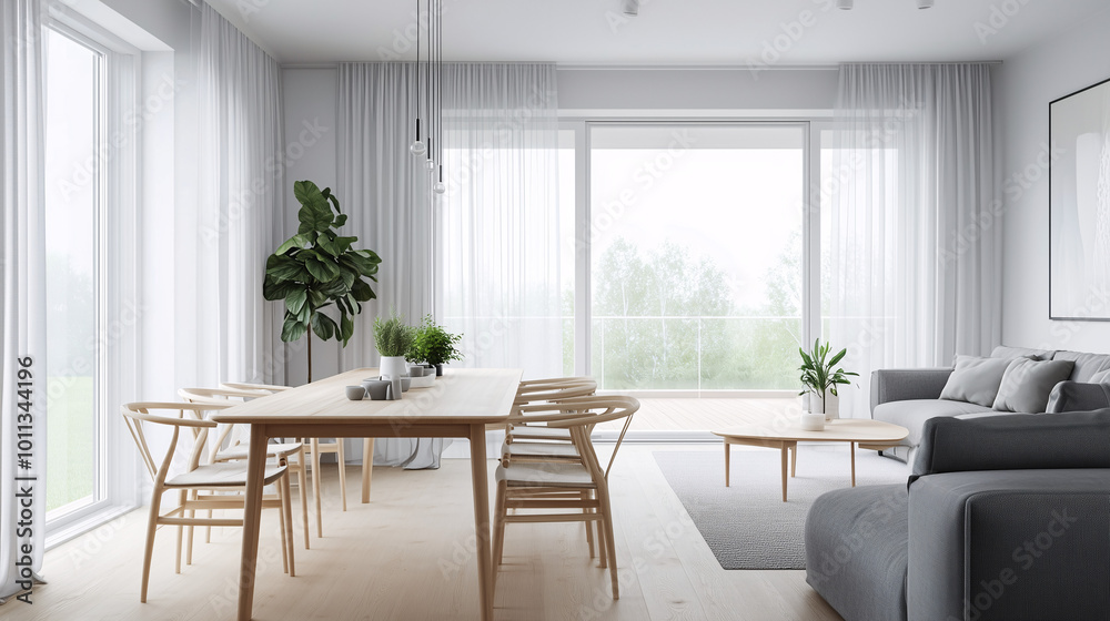 Fototapeta premium Minimalist living and dining area in an open-plan layout, featuring Scandinavian-style furniture. Light wood dining table, gray couch, and large windows with sheer curtains