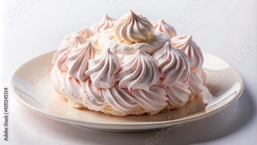 A pink meringue cake with whipped cream on a white plate.