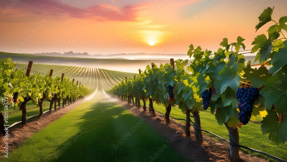 Naklejka premium A vineyard landscape at sunset, with rows of grapevines stretching into the distance, lush with ripe grapes ready for harvest.