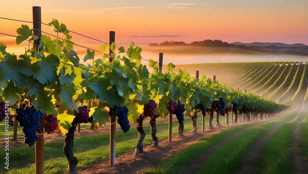 Fototapeta premium A vineyard landscape at sunset, with rows of grapevines stretching into the distance, lush with ripe grapes ready for harvest.