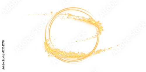 Magical fantasy portal. Round light frame, with fine dust particles, futuristic teleporter. Golden neon lights illuminate night scene with sparkles. Lighting effect. Golden round holograms with beams 