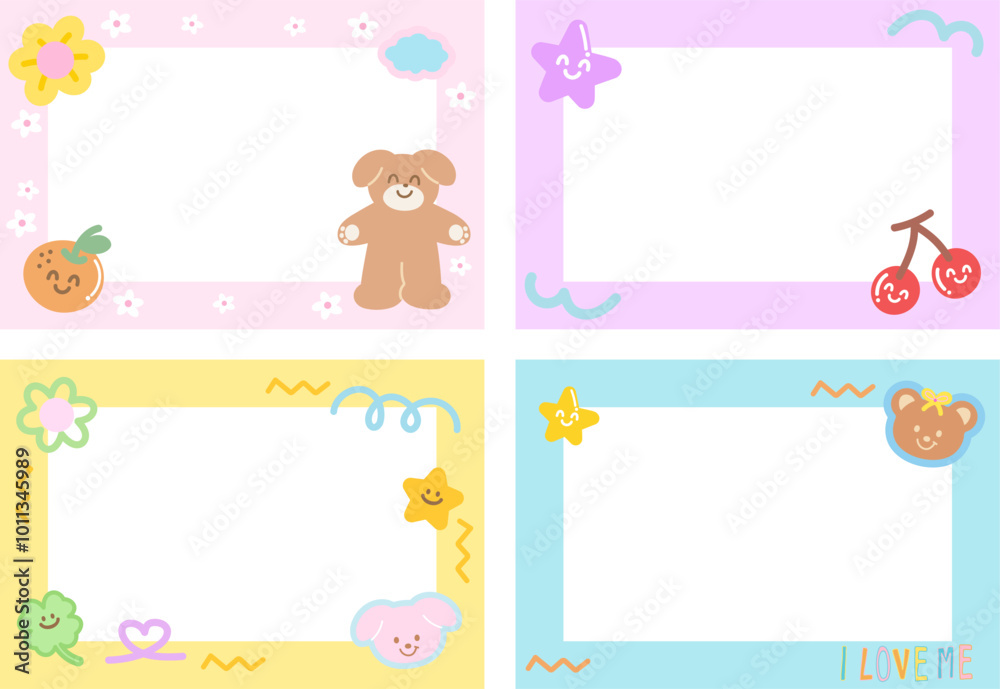 Pastel frame with teddy bear, puppy, cherry, orange, star, flower, clover leaf for polaroid frame, banner, animal print, zoo, souvenir shop, pet, vet, template, social media post, post card, name tag Pastel frame with teddy bear, puppy, cherry, orange, star, flower, clover leaf for polaroid frame, banner, animal print, zoo, souvenir shop, pet, vet, template, social media post, post card, name tag