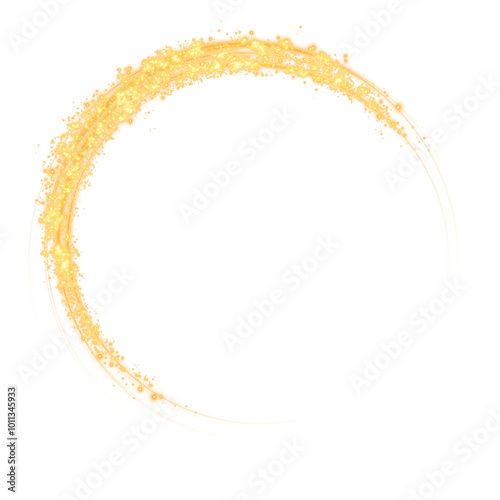 Magical fantasy portal. Round light frame, with fine dust particles, futuristic teleporter. Golden neon lights illuminate night scene with sparkles. Lighting effect. Golden round holograms with beams 