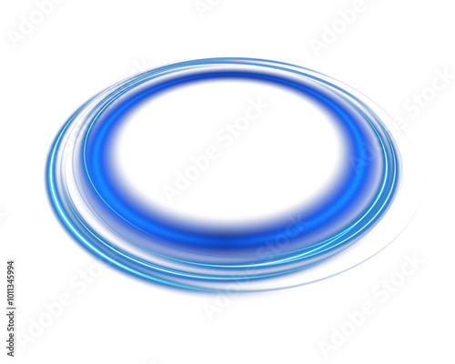 Magical fantasy portal. Round light frame, with fine dust particles, futuristic teleporter. Blue neon lights illuminate night scene with sparkles. Lighting effect. Blue round holograms with beams of l