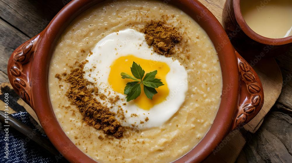A hearty plate of Yemeni Jareesh, made from crushed wheat and cooked into a thick, creamy porridge, garnished with ghee and ground cumin, served in a traditional clay bowl for authenticity.
A hearty plate of Yemeni Jareesh, made from crushed wheat and cooked into a thick, creamy porridge, garnished with ghee and ground cumin, served in a traditional clay bowl for authenticity.