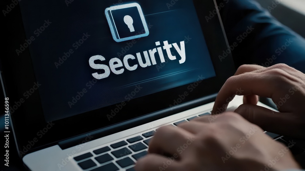 Laptop with Security text and key icon to caution about privacy leak and important data.