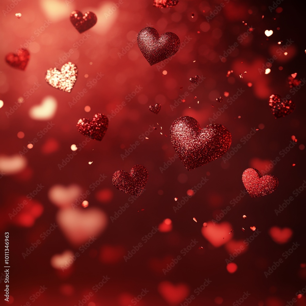Red Bokeh Background, Romantic Valentines Day Backdrop With Defocused Shiny Hearts, Love Concept