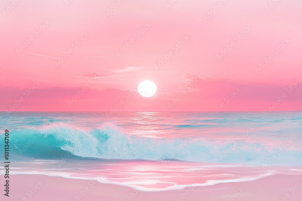 A serene sunset over the ocean with pink hues and gentle waves on a tranquil beach. A serene sunset over the ocean with pink hues and gentle waves on a tranquil beach.