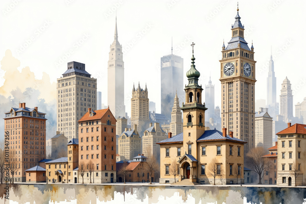 Obraz premium Watercolor painting of trinity church and lower manhattan skyline, new york city