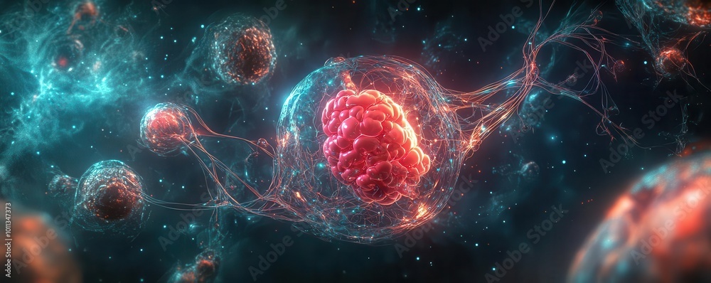 Glowing embryo surrounded by mechanical tendrils, floating in a dark, futuristic space, symbolizing AI-driven human development for science fiction and biotech content Glowing embryo surrounded by mechanical tendrils, floating in a dark, futuristic space, symbolizing AI-driven human development for science fiction and biotech content