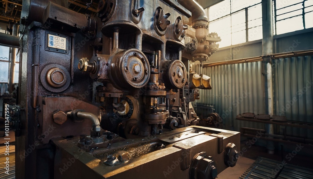 A close-up of a massive industrial press machine featuring intricate gears, hydraulic pistons, and control panels, emphasizing engineering and machinery precision A close-up of a massive industrial press machine featuring intricate gears, hydraulic pistons, and control panels, emphasizing engineering and machinery precision
