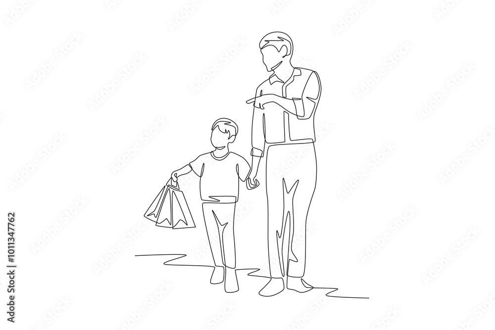Father and son shopping. Shopping with family concept one-line drawing Father and son shopping. Shopping with family concept one-line drawing