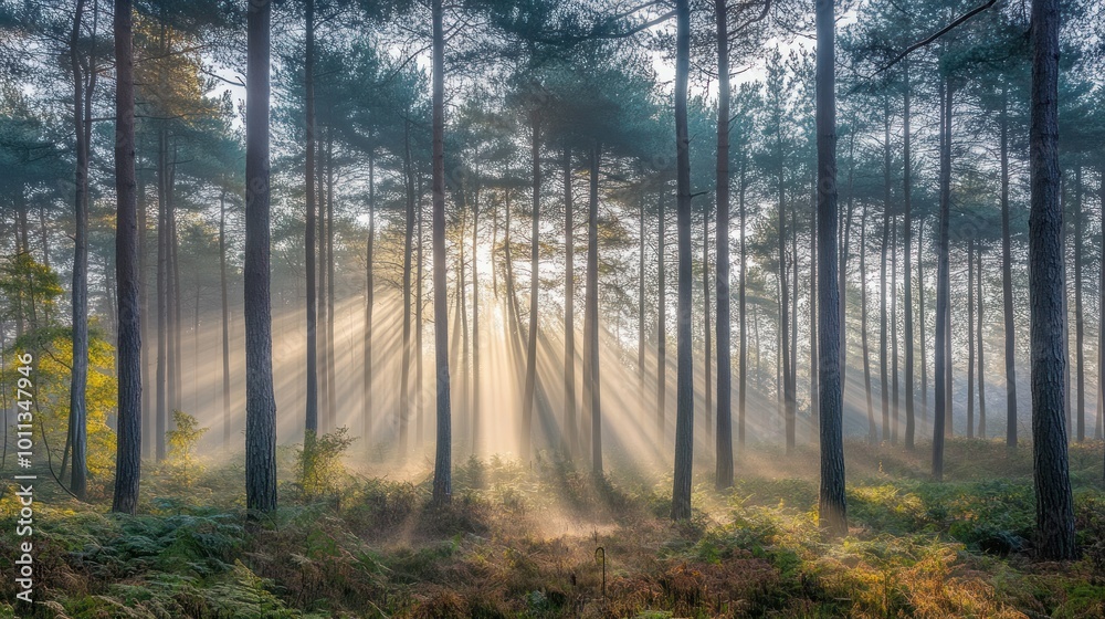 Fototapeta premium Sunlight rays illuminate a misty forest, creating a magical atmosphere.