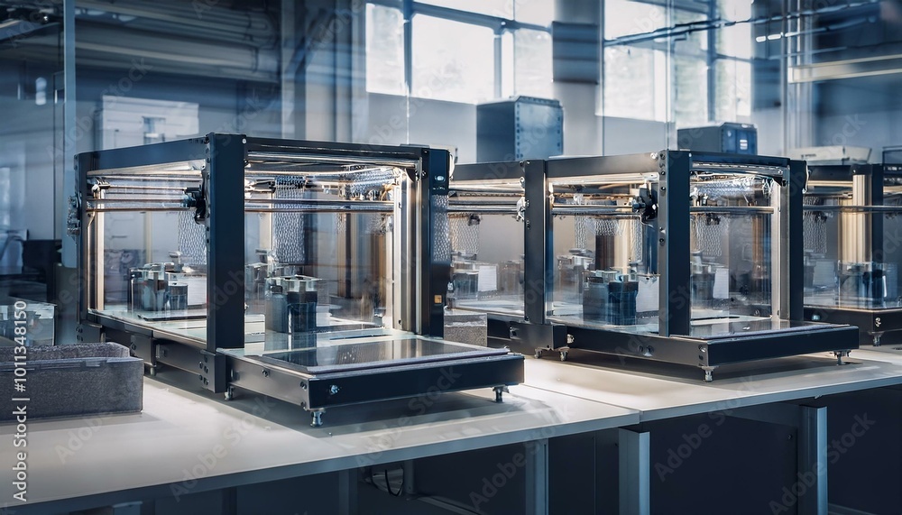 A row of advanced industrial 3D printers in a factory setting, meticulously printing metal parts with high precision. The modern machinery showcases cutting-edge technology A row of advanced industrial 3D printers in a factory setting, meticulously printing metal parts with high precision. The modern machinery showcases cutting-edge technology