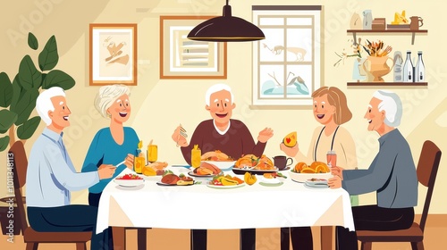 Wallpaper Mural Elderly couples sharing a meal at a dining table, laughter, and food spread, warm family gathering atmosphere. Torontodigital.ca