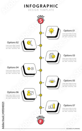 Timeline infographic template. 7 Step timeline journey, calendar Flat simple infographics design template. presentation graph. Business concept with 7 options, vector illustration.