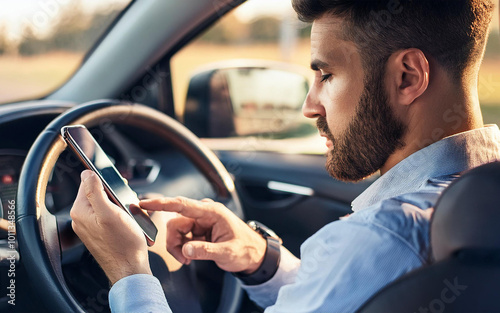 a man committing reckless driving or driving a car while looking at his cell phone