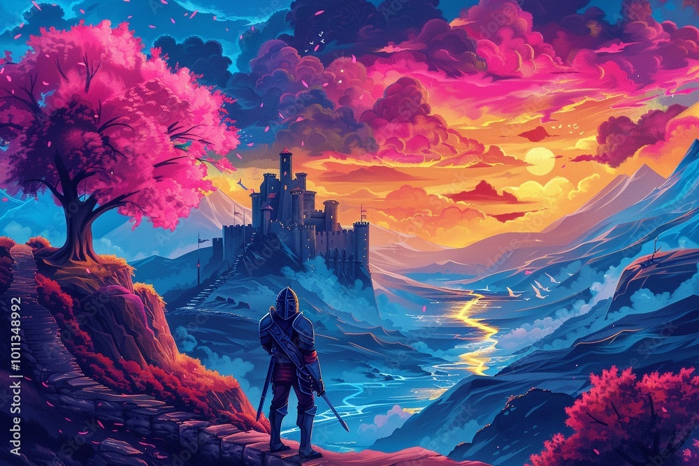 Fototapeta premium A whimsical scene of an ancient warrior in enchanted armor, defending a magical fortress in a fantasy landscape, Fantasy, Pop Art