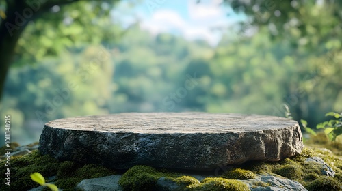 A stone pedestal resting on a mossy rock under a blue sky, surrounded by a softly blurred forest, perfect for product display in a serene nature setting.