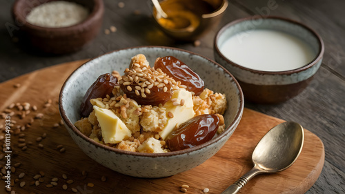 A rustic bowl of Haneeni, a dessert of crumbled bread and dates mixed with butter, topped with roasted sesame seeds, drizzled with honey, and served with a side of warm milk.