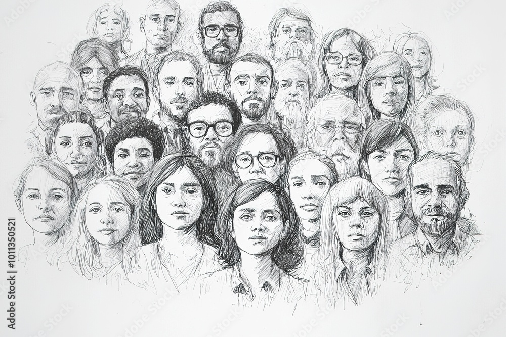 Pencil sketch drawing art style of a Socially diverse community crowd. The concept of multiculturalism symbolizing the unity within diverse societies. Ai generative