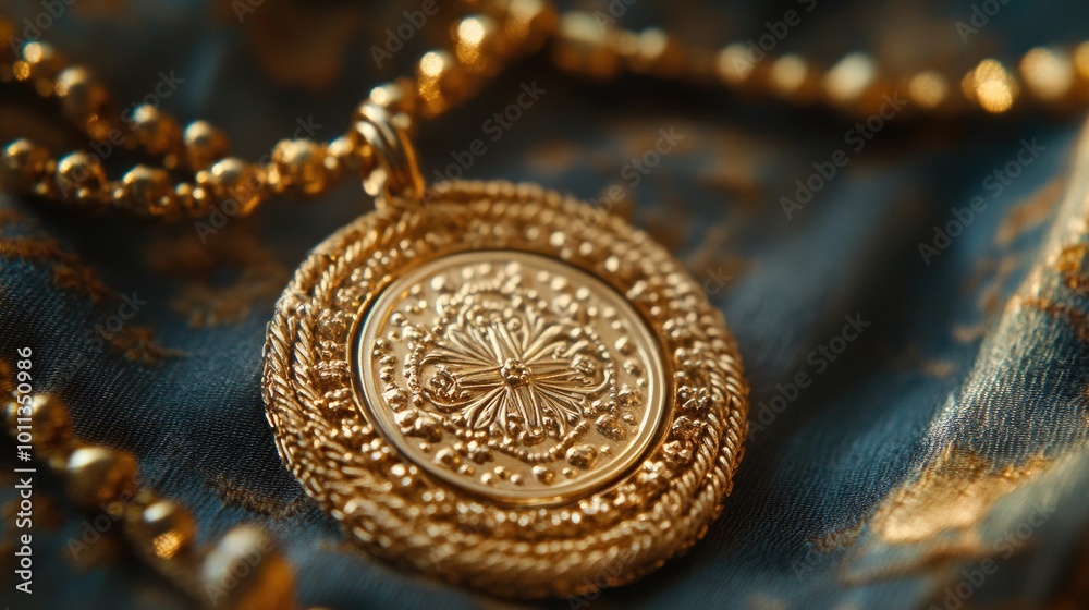 A close-up of a gold necklace with a religious symbol pendant, emphasizing its significance and the connection between faith and personal expression A close-up of a gold necklace with a religious symbol pendant, emphasizing its significance and the connection between faith and personal expression