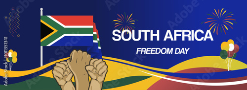 South Africa national freedom day banner with flag. Modern abstract art for national holiday greeting cards, sport and music event posters, newsletters and web headers. Horizontal background