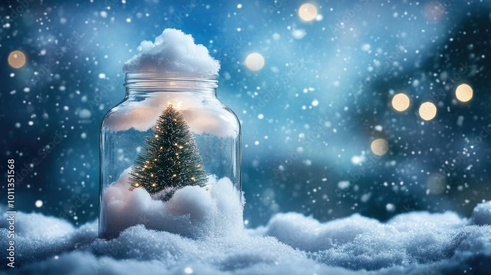 A glass jar in a snowy Christmas setting, featuring small clouds arranged in the shape of a Christmas tree inside, evoking a whimsical and festive atmosphere. A glass jar in a snowy Christmas setting, featuring small clouds arranged in the shape of a Christmas tree inside, evoking a whimsical and festive atmosphere.