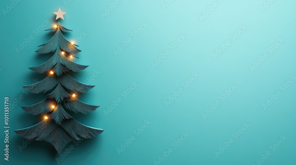 A minimalist Christmas tree with lights paper cutout on the left side, with ample space on the right for a festive greeting or design. A minimalist Christmas tree with lights paper cutout on the left side, with ample space on the right for a festive greeting or design.
