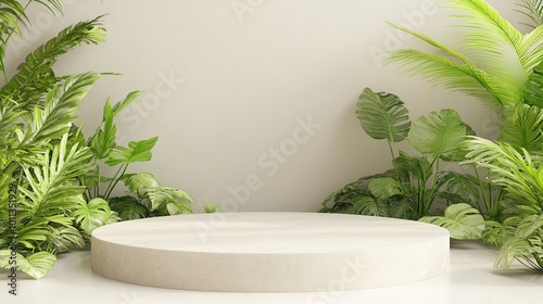 Minimalist 3D Frosted Round Stage on a Desk with Bright Natural Light and Beige-White Tones. Full-Screen Modern Design, Simple and Exquisite Space with Light and Open Surroundings for Elegant Display 