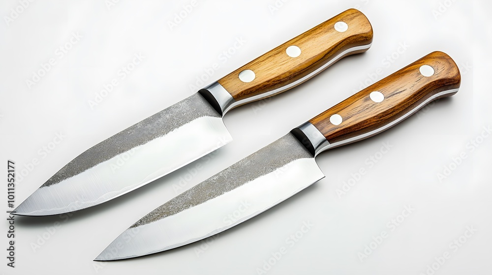 Two stainless steel kitchen knives with wooden handles, depicted as professional culinary tools against a white background, emphasizing their sharp quality and craftsmanship. Two stainless steel kitchen knives with wooden handles, depicted as professional culinary tools against a white background, emphasizing their sharp quality and craftsmanship.