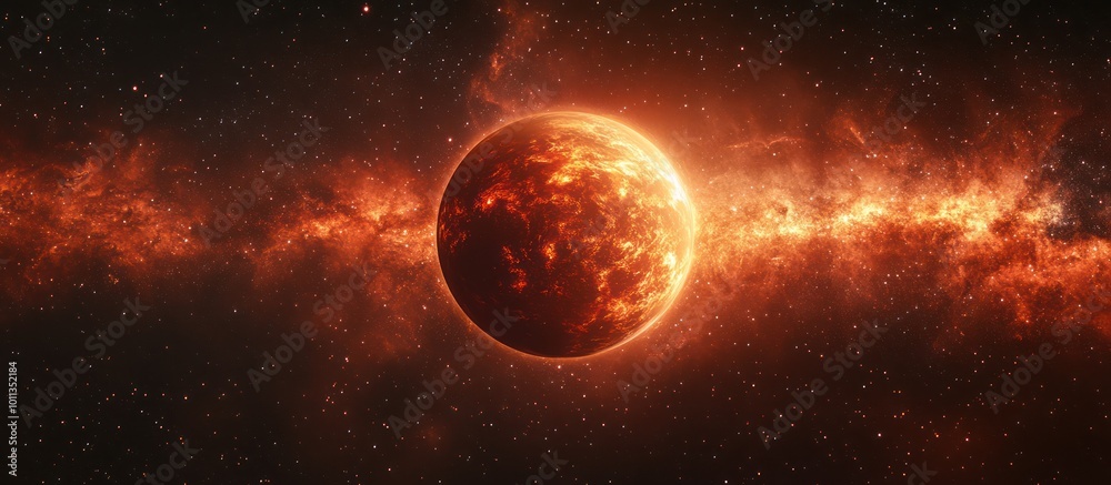 A fiery planet in a vast expanse of space with a nebula in the background. A fiery planet in a vast expanse of space with a nebula in the background.