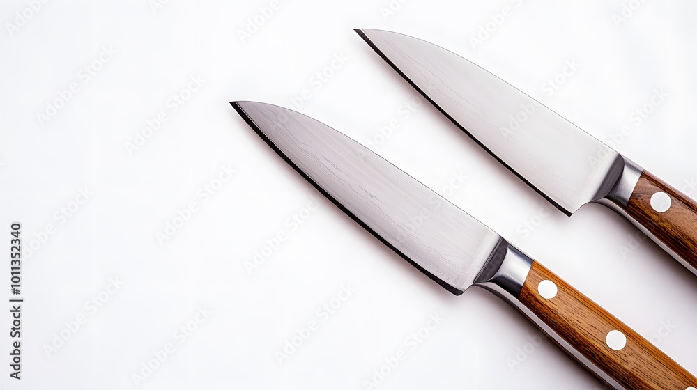 Obraz premium Two stainless steel kitchen knives with wooden handles, depicted as professional culinary tools against a white background, emphasizing their sharp quality and craftsmanship.